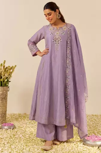 Lavender color simmer silk fabric designer embroidery work graceful partywear attire for girls