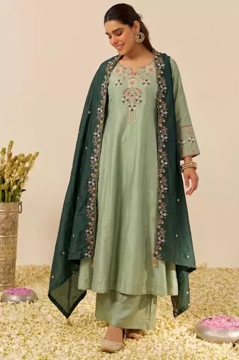 Pista color simmer silk fabric designer embroidery work graceful partywear attire for girls
