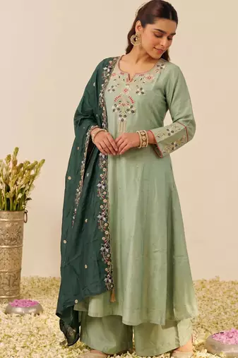 Pista color simmer silk fabric designer embroidery work graceful partywear attire for girls