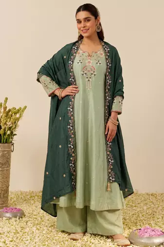 Pista color simmer silk fabric designer embroidery work graceful partywear attire for girls