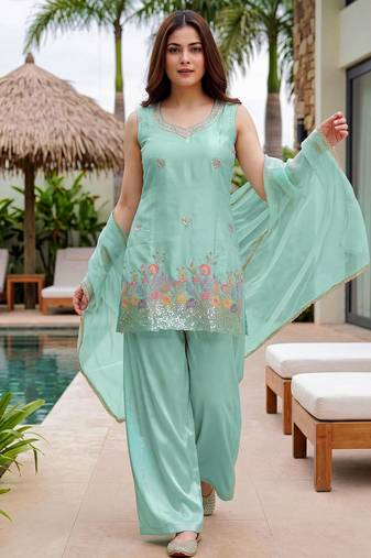 Sea green color french crepe fabric designer embroidery work graceful partywear attire for girls