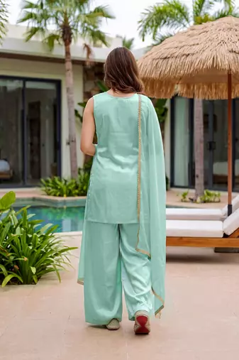 Sea green color french crepe fabric designer embroidery work graceful partywear attire for girls