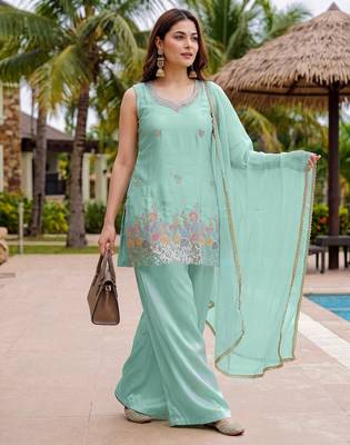 Sea green color french crepe fabric designer embroidery work graceful partywear attire for girls 5