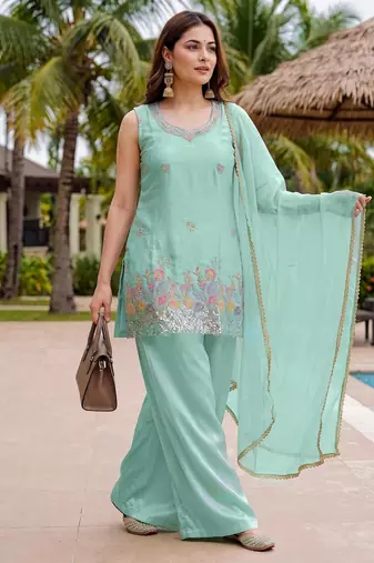 Sea green color french crepe fabric designer embroidery work graceful partywear attire for girls