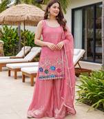 Peach color fendy silk fabric designer beads embroidery work graceful partywear attire for girls