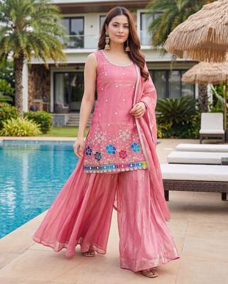 Peach color fendy silk fabric designer beads embroidery work graceful partywear attire for girls 3