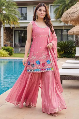 Peach color fendy silk fabric designer beads embroidery work graceful partywear attire for girls