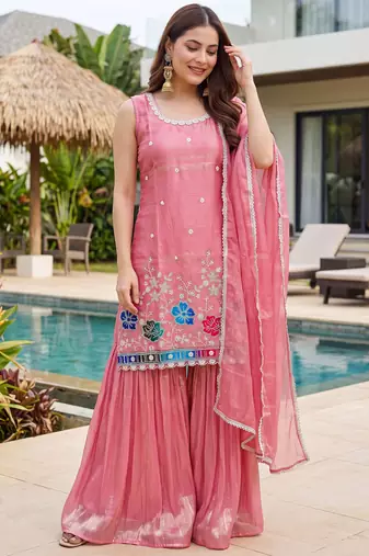 Peach color fendy silk fabric designer beads embroidery work graceful partywear attire for girls