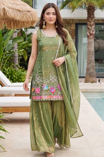 Green color fendy silk fabric designer beads embroidery work graceful partywear attire for girls