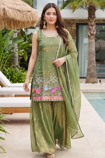 Green color fendy silk fabric designer beads embroidery work graceful partywear attire for girls