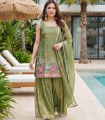 Green color fendy silk fabric designer beads embroidery work graceful partywear attire for girls