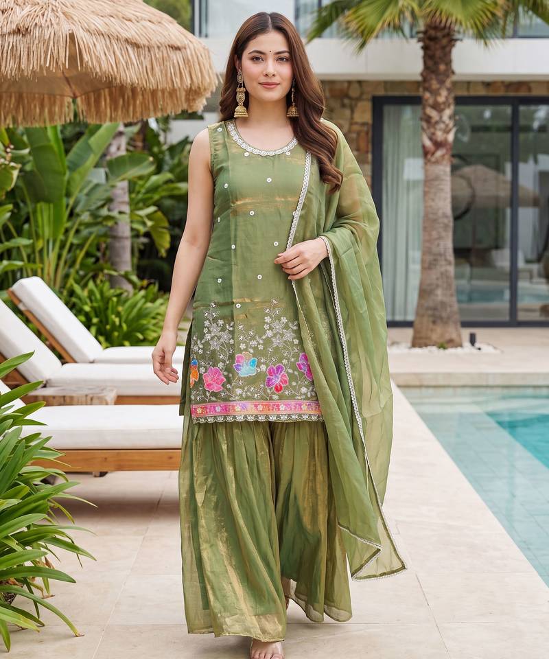 Green color fendy silk fabric designer beads embroidery work graceful partywear attire for girls