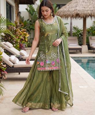 Green color fendy silk fabric designer beads embroidery work graceful partywear attire for girls 3
