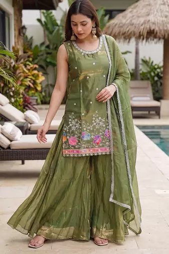 Green color fendy silk fabric designer beads embroidery work graceful partywear attire for girls