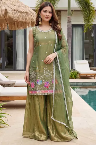 Green color fendy silk fabric designer beads embroidery work graceful partywear attire for girls