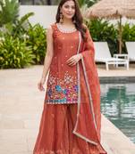 Rust color fendy silk fabric designer beads embroidery work graceful partywear attire for girls