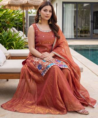 Rust color fendy silk fabric designer beads embroidery work graceful partywear attire for girls 5