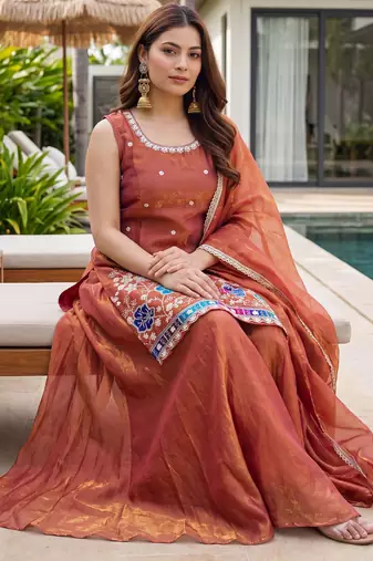 Rust color fendy silk fabric designer beads embroidery work graceful partywear attire for girls