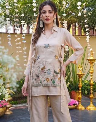 Cream color viscose fabric designer embroidery work graceful partywear attire for girls 3