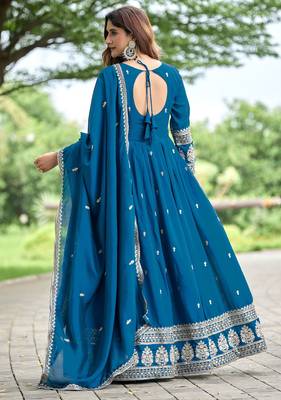 Blue color fancy ceremonial art silk fabric gown with dupatta 2
