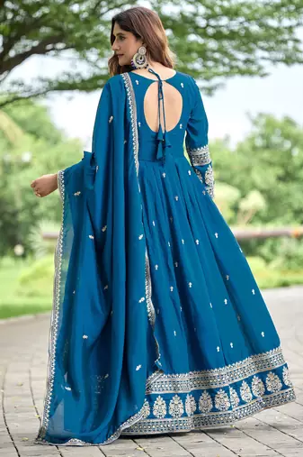 Blue color fancy ceremonial art silk fabric gown with dupatta