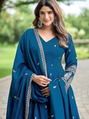 Blue color fancy ceremonial art silk fabric gown with dupatta 3