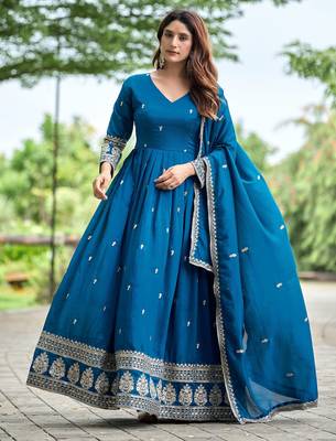 Blue color fancy ceremonial art silk fabric gown with dupatta 4