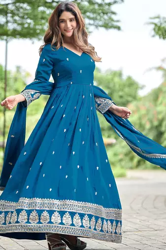 Blue color fancy ceremonial art silk fabric gown with dupatta