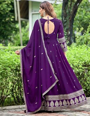 Purple color fancy ceremonial art silk fabric gown with dupatta 2