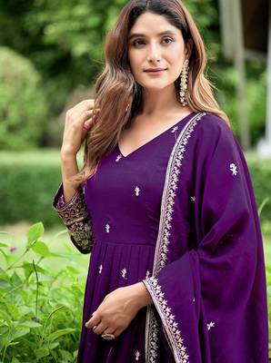 Purple color fancy ceremonial art silk fabric gown with dupatta 3