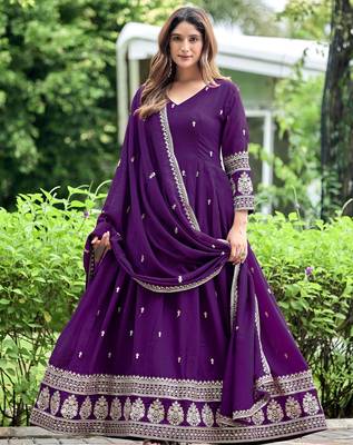 Purple color fancy ceremonial art silk fabric gown with dupatta 5