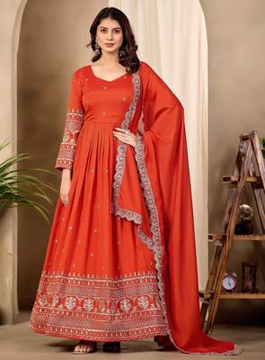 Rust color fancy ceremonial art silk fabric gown with dupatta 1