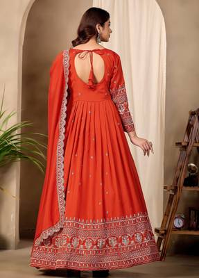 Rust color fancy ceremonial art silk fabric gown with dupatta 2