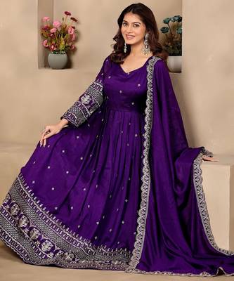 Purple color fancy ceremonial art silk fabric gown with dupatta 4