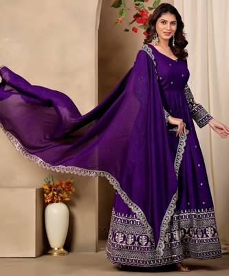Purple color fancy ceremonial art silk fabric gown with dupatta 5