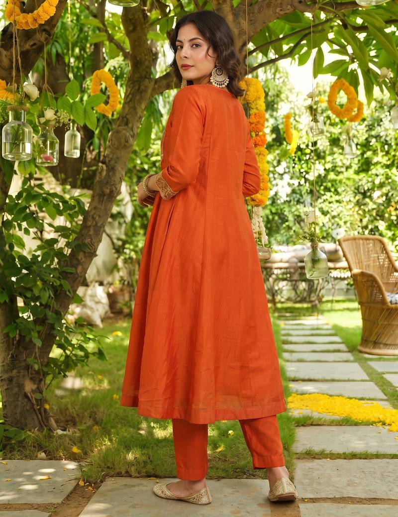 Orange color smart vichitra fabric designer embroidered festive special salwar kameez