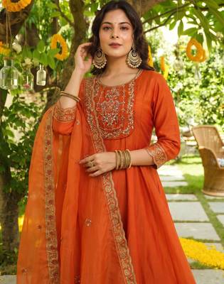Orange color smart vichitra fabric designer embroidered festive special salwar kameez 3