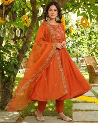 Orange color smart vichitra fabric designer embroidered festive special salwar kameez 4