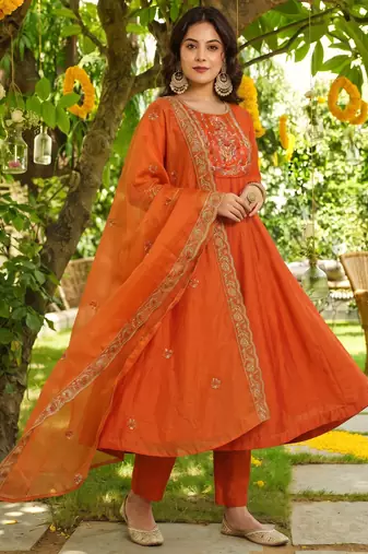 Orange color smart vichitra fabric designer embroidered festive special salwar kameez