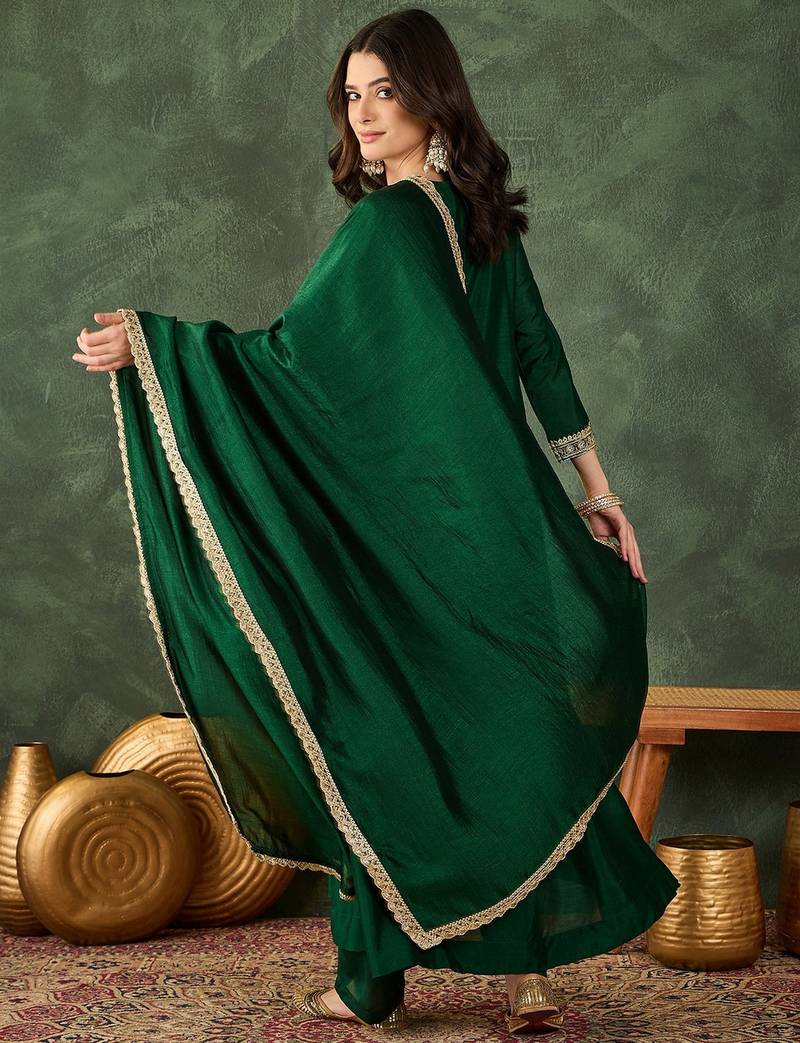 Green color smart vichitra fabric designer embroidered festive special salwar kameez