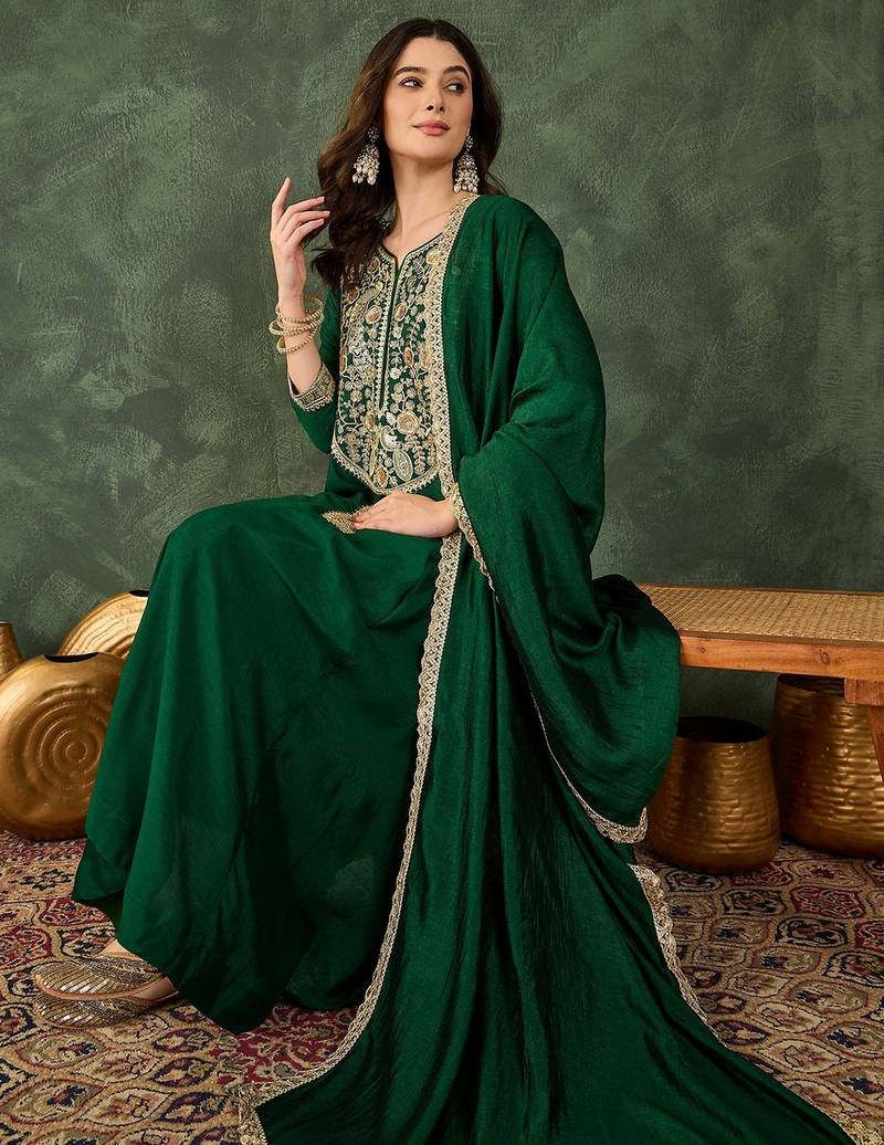 Green color smart vichitra fabric designer embroidered festive special salwar kameez