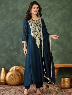 Blue color smart vichitra fabric designer embroidered festive special salwar kameez 1