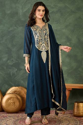 Blue color smart vichitra fabric designer embroidered festive special salwar kameez