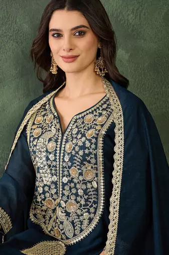 Blue color smart vichitra fabric designer embroidered festive special salwar kameez