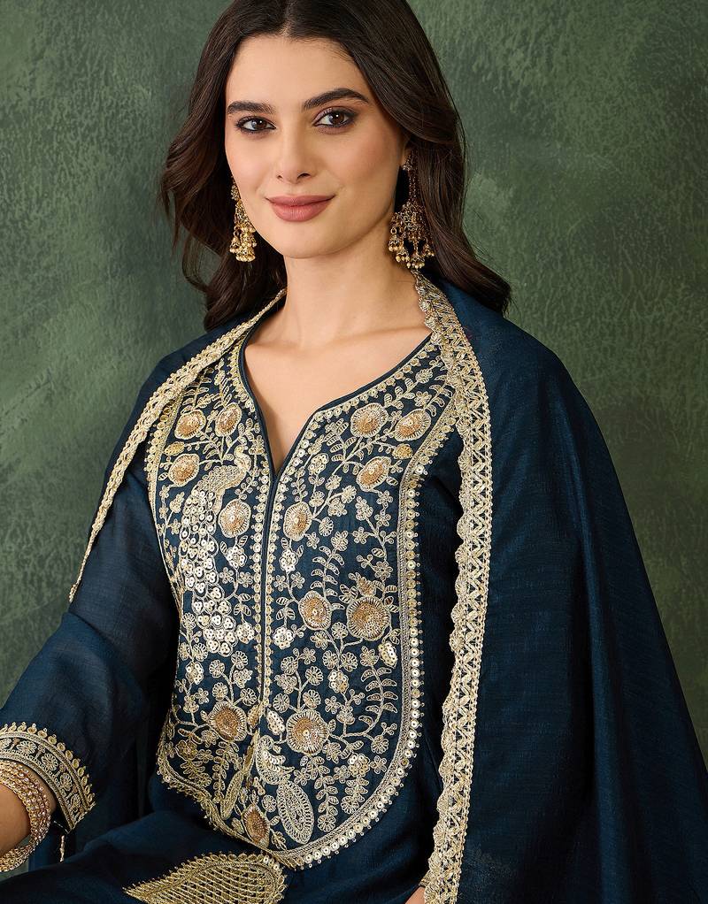 Blue color smart vichitra fabric designer embroidered festive special salwar kameez