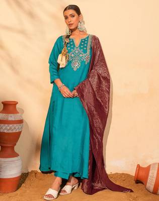 Firozi color smart silk slub fabric designer embroidered festive special salwar kameez 1