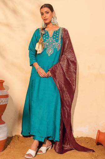 Firozi color smart silk slub fabric designer embroidered festive special salwar kameez
