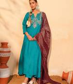 Firozi color smart silk slub fabric designer embroidered festive special salwar kameez