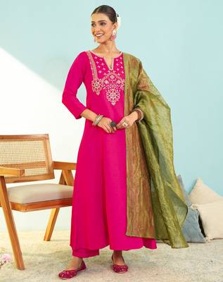 Pink color smart silk slub fabric designer embroidered festive special salwar kameez 1