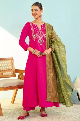 Pink color smart silk slub fabric designer embroidered festive special salwar kameez